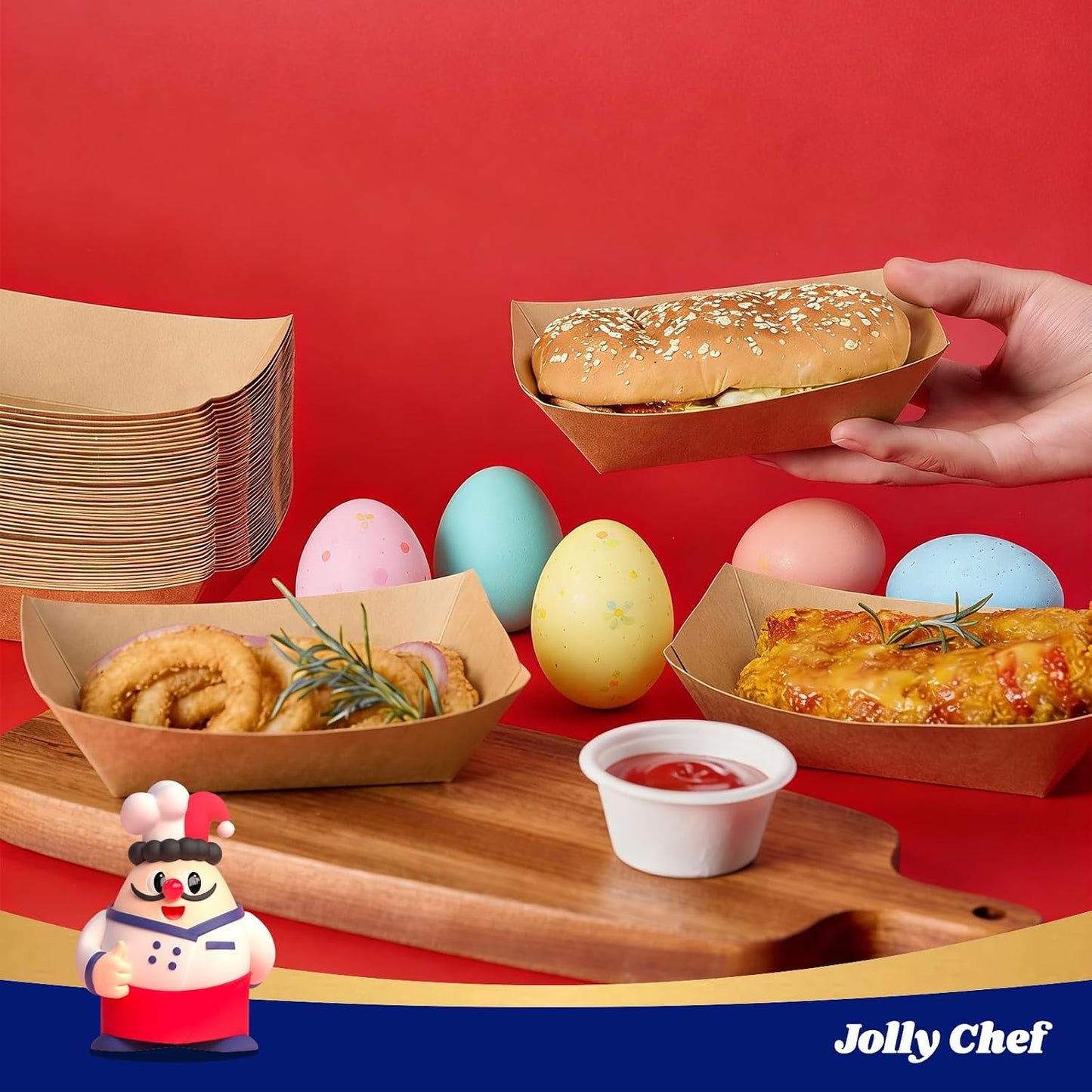 JOLLY CHEF 2lb Paper Food Trays, 100 Pack Disposable Paper Boat, Serving Boats, Food Holder Trays for Snacks French Fries Nachos Hot Dog Tacos BBQ Party