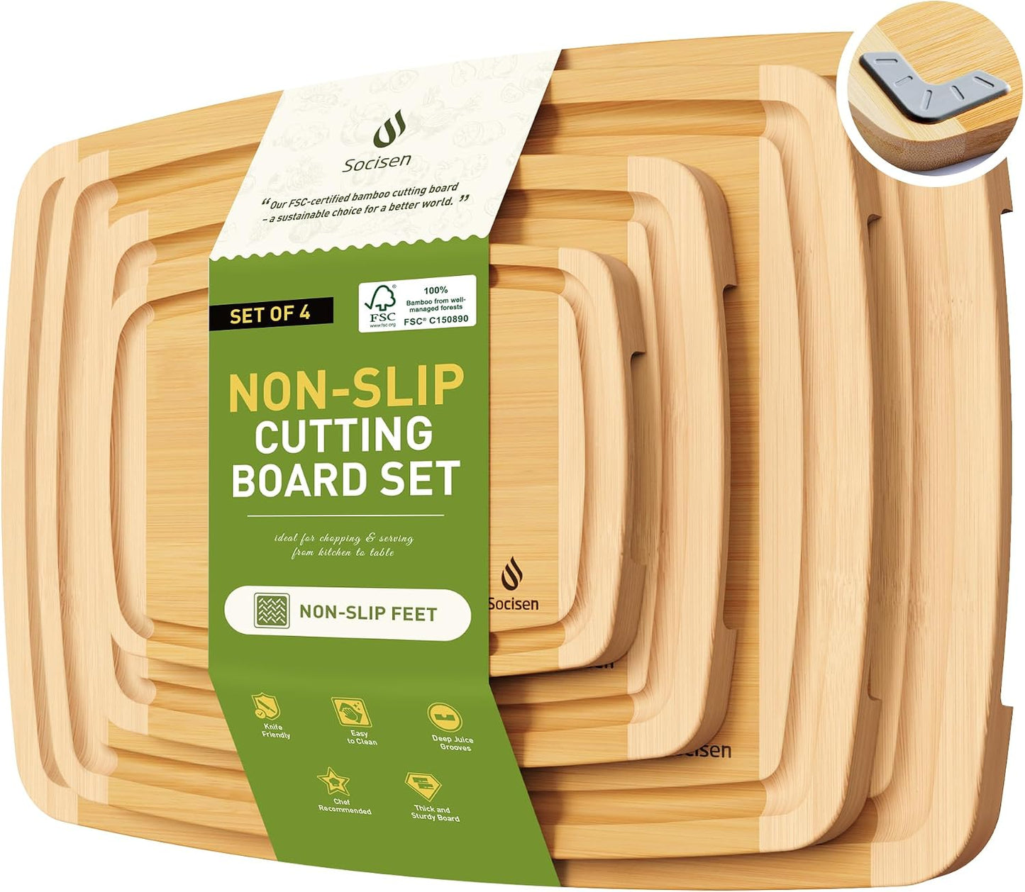 3 Packs Bamboo Cutting Board Set with Non Slip Feet and Over Sink Nice Solid Thick Wood Juice Groove Chopping Board Extra Large Big Small Best Hardwood Kitchen Counter Organic Vegetable