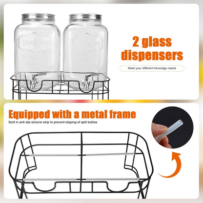 1 Gallon Glass Drink Dispensers For Parties 2PACK.Beverage Dispenser,Glass Drink Dispenser With Stand And Stainless Steel Spigot 100% Leakproof.Lemonade Dispenser With Ice Cylinder.Laundry Detergent