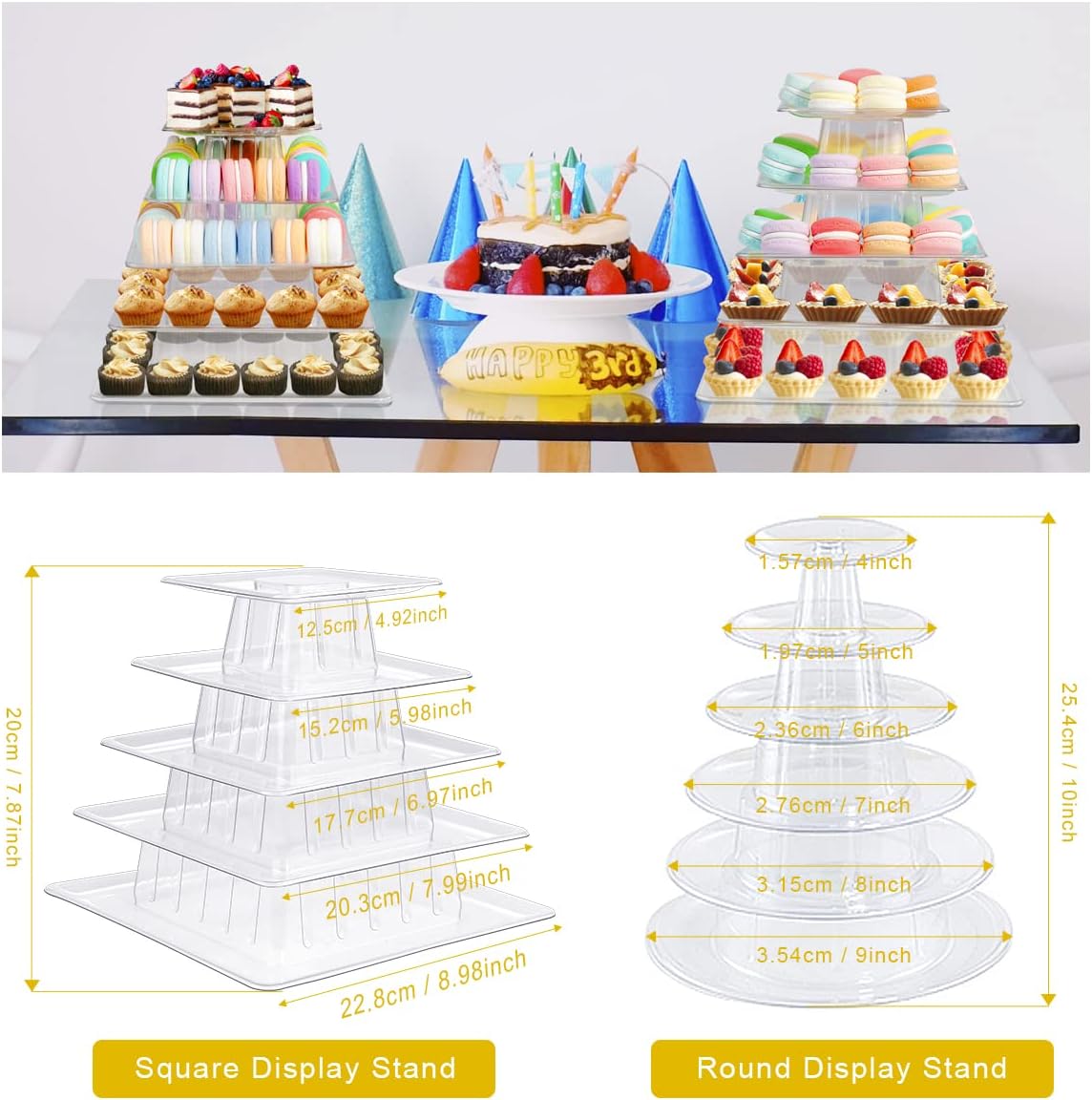 3 Tiers Round Cupcake Stand, Acrylic Cake Tower Stand Holder Macaron Display Rack Cookie Candy Buffet Desserts Platter with Base for Baby Shower, Birthday Party, Wedding, Party (3-Tiers with Base)