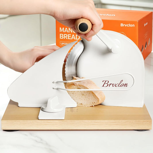 Brvclon Manual Bread Slicer Adjustable Thickness, Hand Crank Bread Slicer for Homemade Sourdough Bread with Scale Line & Suction Cup & Metal Guide,Quality Solid Wood Base