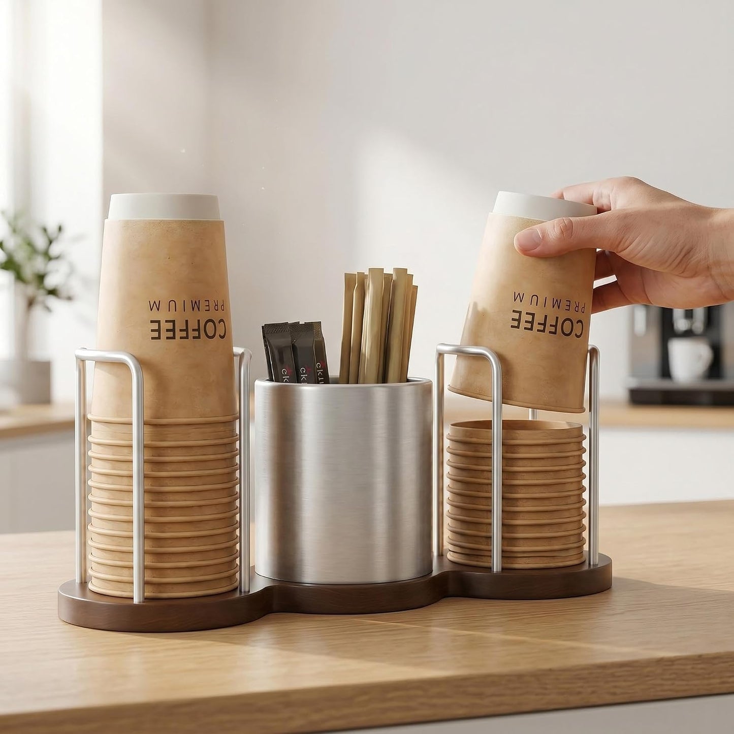 GOYLSER Coffee Station Organizer with Straw & Stirrer Storage Caddy for Cups Lids, Disposable Paper Cup Holder Cup Organizer for Coffee Bar, Office, Home Kitchen, Gold