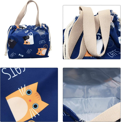 enyuwlcm Mini Lunch Tote Pouch Reusable Small Cute Lunch Bag with Drawstring Suitable for Girls Women Cat Blue