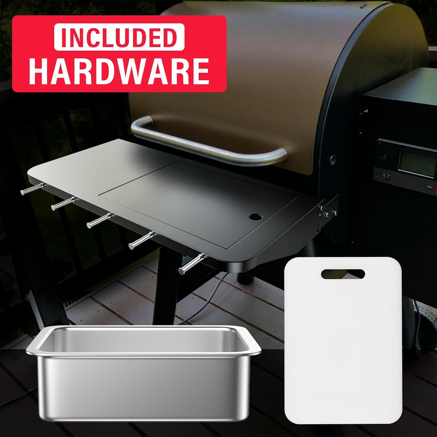 Upgraded Grill Table for Weber Kettle 22"/18"/26", Master Touch 22", Smokey Mountain, Recteq Pellet Grill RT-B380, Prep Station with Cutting Board, Basin, 4 Hooks, Shelf for Weber Kettle Accessories