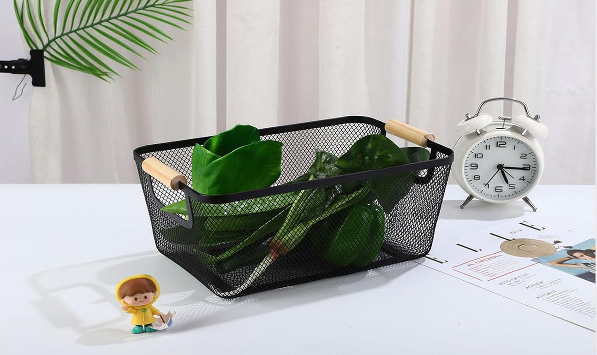 AJIODA Metal Mesh Steel Basket, Large Wire Storage Organizer Basket Multi-function Hanging Kitchen Baskets with Wood Handle for Kitchen Bathroom Picnic Home, Rectangle-Off White