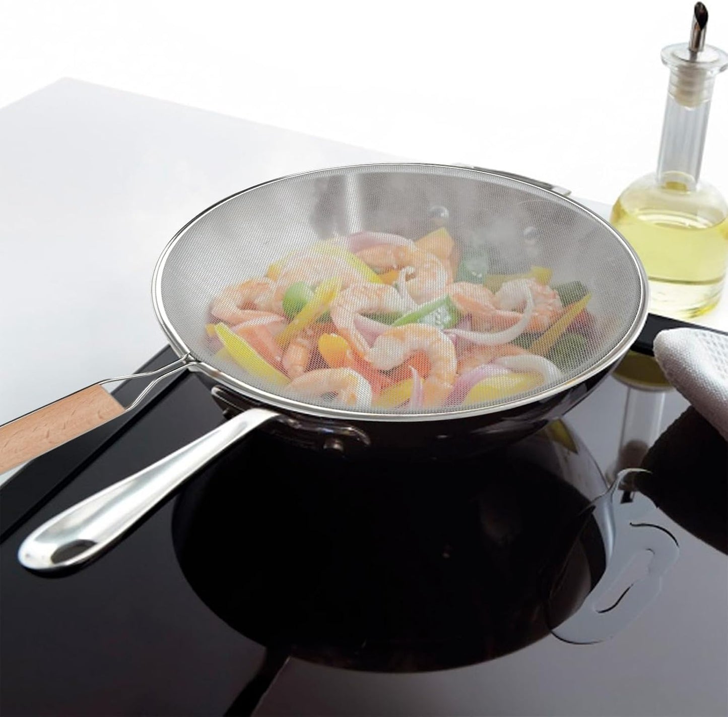 3 Pieces Grease Splatter Screen for Frying Pan, 21/25.5/29cm, with Wooden Handle