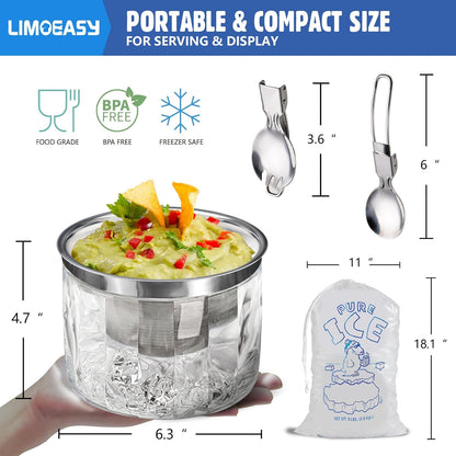 LIMOEASY Chilled Veggie Tray, 15 Inch Clear Party Platter with 4 Compartments, Ice Serving Bowl with Lid, Cold Food Buffet Server for Fruit, Vegetable, Appetizer, Shrimp