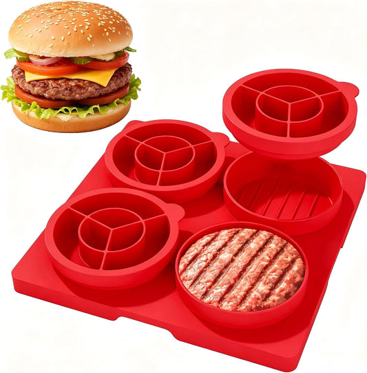 Hamburger Patty Press Maker, Silicone Burger Press Mold with Lid,4 Sealed Cavities,4.5 inch, Adjustable Thickness (1/4-1/2lbs) Hamburger Patty Container, Non-Stick,for Grill, BBQ, Meal Prep