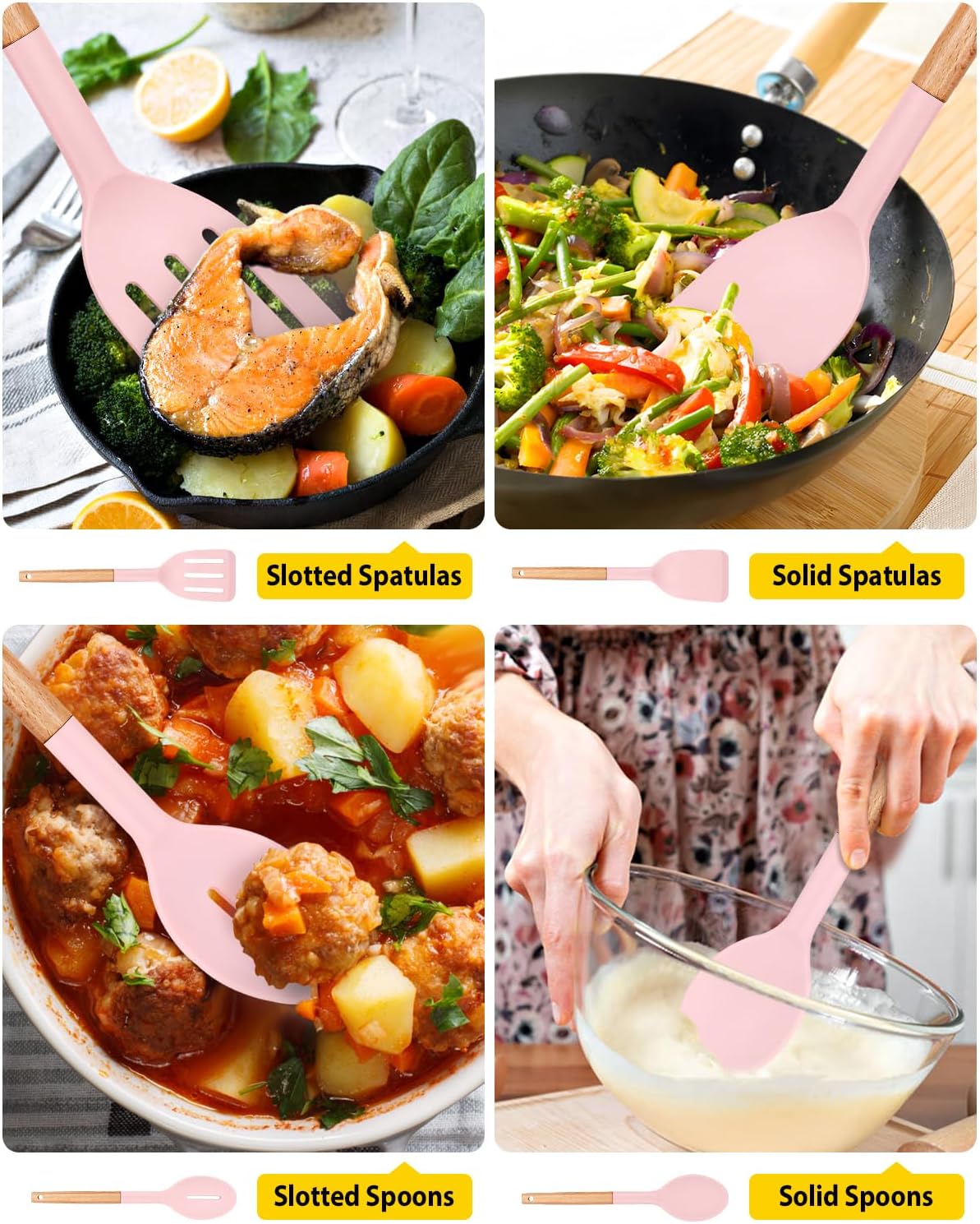 Pack of 4 Silicone Cooking Utensils Set, Non Stick Solid Spatulas and Heat Resistant Slotted Spoons with Wooden Handle, Ideal Wood Kitchen Utensils Set for Frying,Serving,Turning,Stirring (KHAKI)