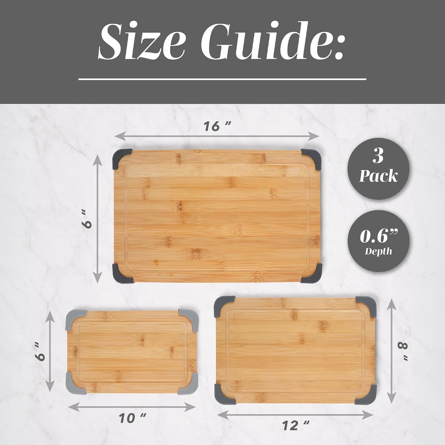 COOK WITH COLOR Non-Slip Cutting Board Set – Kitchen Essentials with Easy Grip Handle for Meat, Veggies, and Fruits, 3 Cutting Boards, Bamboo Non-Slip Grey