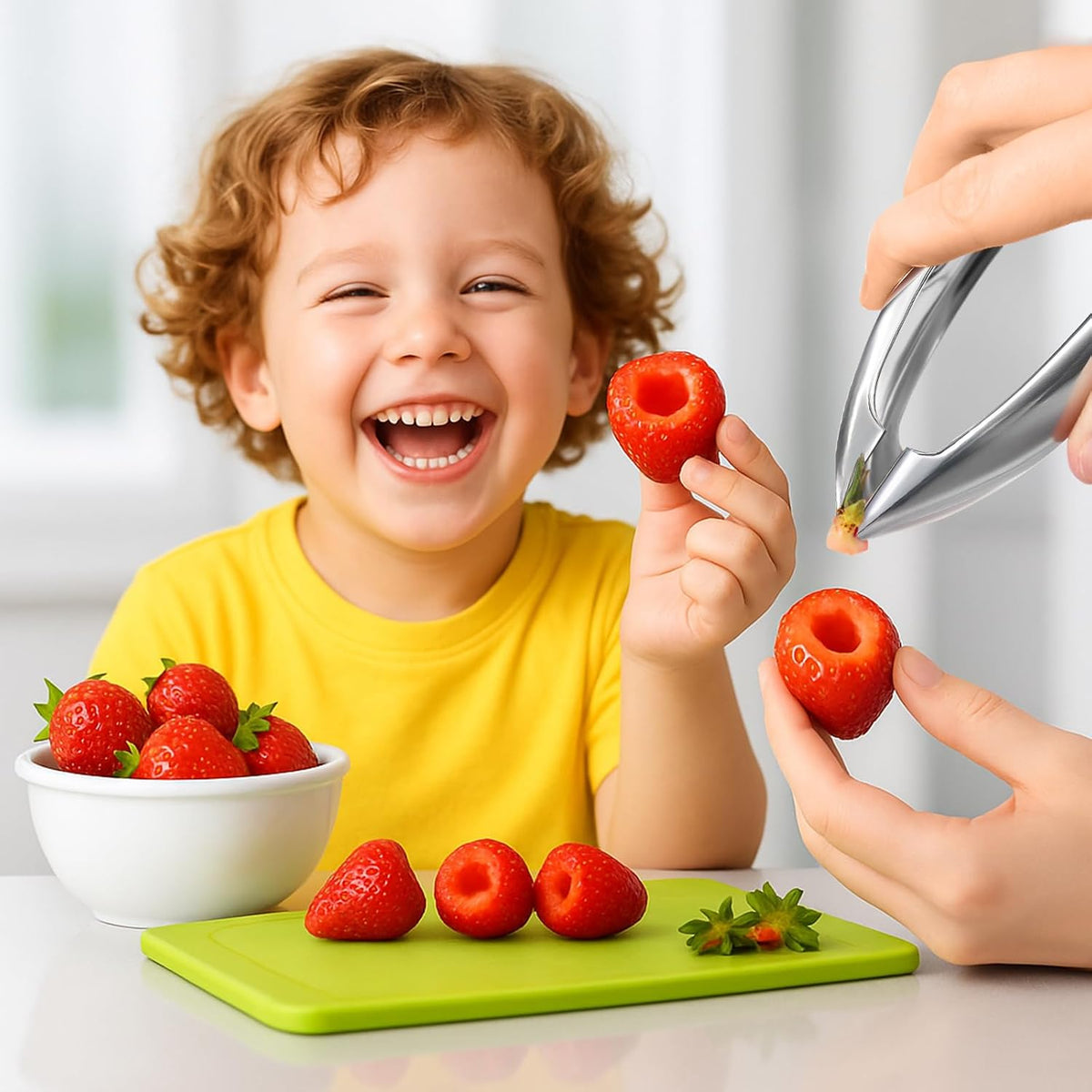Strawberry Huller, 304 Food-Grade Stainless Steel Stem Remover with Safety Lock, Ergonomic Non-Slip Grooved Handle, Dishwasher Safe (High Heat), De-Stems Strawberries, Tomatoes & More
