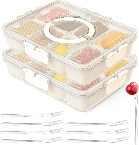 Dunruz Snackle Box Container,Portable Snack Box 8 Compartment Divided Serving Tray with Lid,Clear Storage Organizer for Fruit Candy Nuts Veggie-Perfect for Road Travel Party (2 Pack-Micro-transparent)