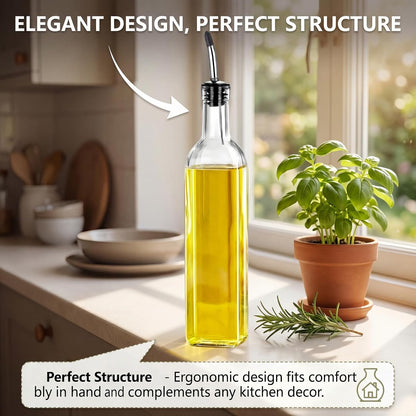 Green Olive Oil Dispenser Bottle - 17oz/500ml Glass Oil and Vinegar Bottles Set for Kitchen, Oil Dispenser with 2 Stainless Steel Pourers, Funnel and Brush