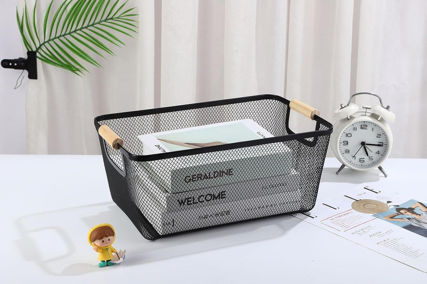 AJIODA Metal Mesh Steel Basket, Large Wire Storage Organizer Basket Multi-function Hanging Kitchen Baskets with Wood Handle for Kitchen Bathroom Picnic Home, Rectangle-Off White
