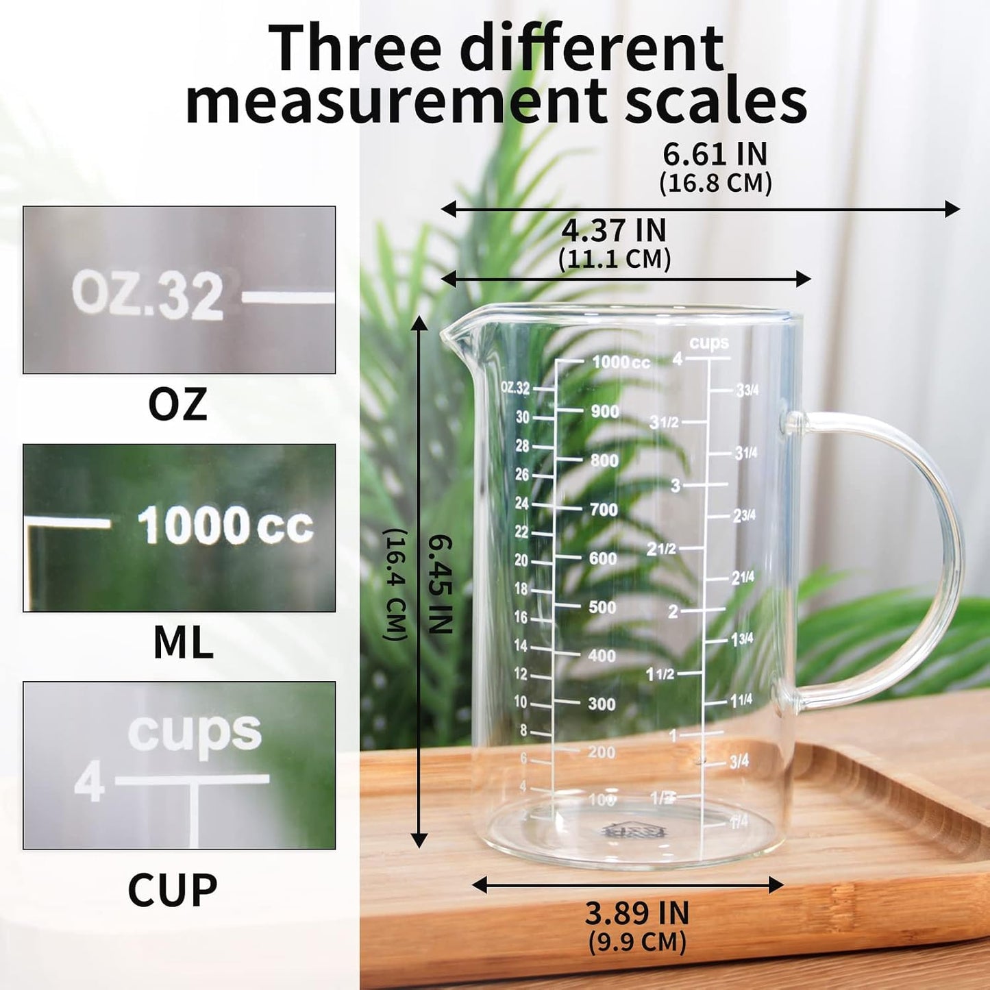 77L 3 Pack Glass Measuring Cup Set (1 1/4, 2 & 4 Cup) [Insulated handle, V-Shaped Spout], High Borosilicate Liquid Glass Measure Cup for Kitchen, Easy To Read, Dishwasher, Freezer, and Microwave Safe