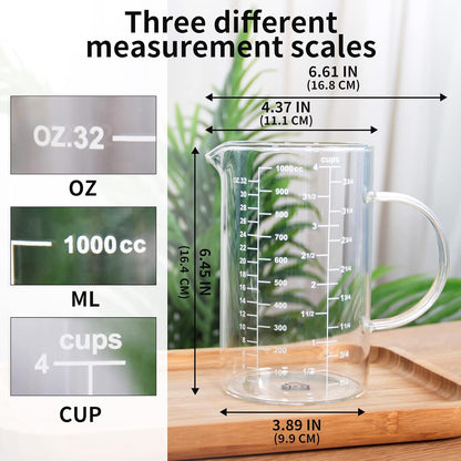 77L 3 Pack Glass Measuring Cup Set (1 1/4, 2 & 4 Cup) [Insulated handle, V-Shaped Spout], High Borosilicate Liquid Glass Measure Cup for Kitchen, Easy To Read, Dishwasher, Freezer, and Microwave Safe