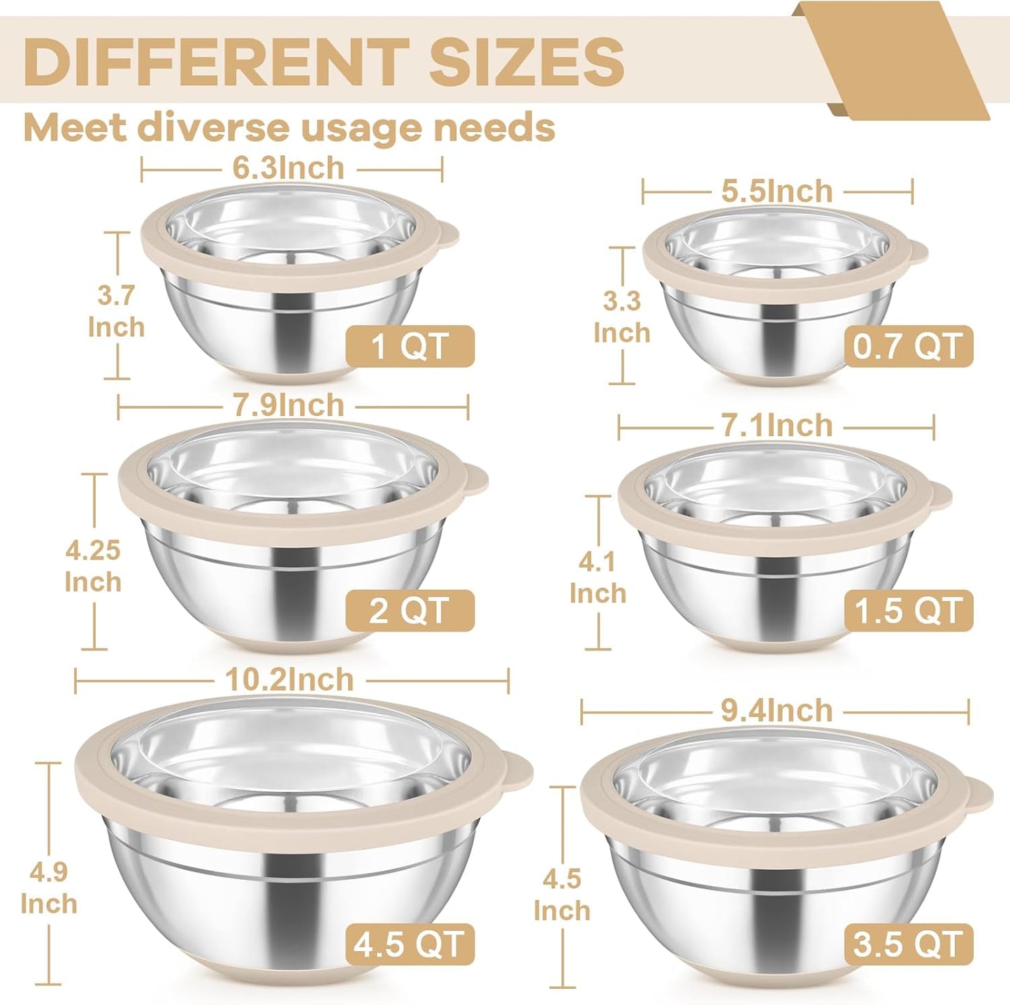 TeamFar Mixing Bowls Set of 6, Stainless Steel Salad Mixing Bowls with Visible Lids, Metal Nesting for Mixing Serving Prepping, Non-Slip & Airtight, 4.6/3.5/2/1.5/1/0.7 QT, Khaki