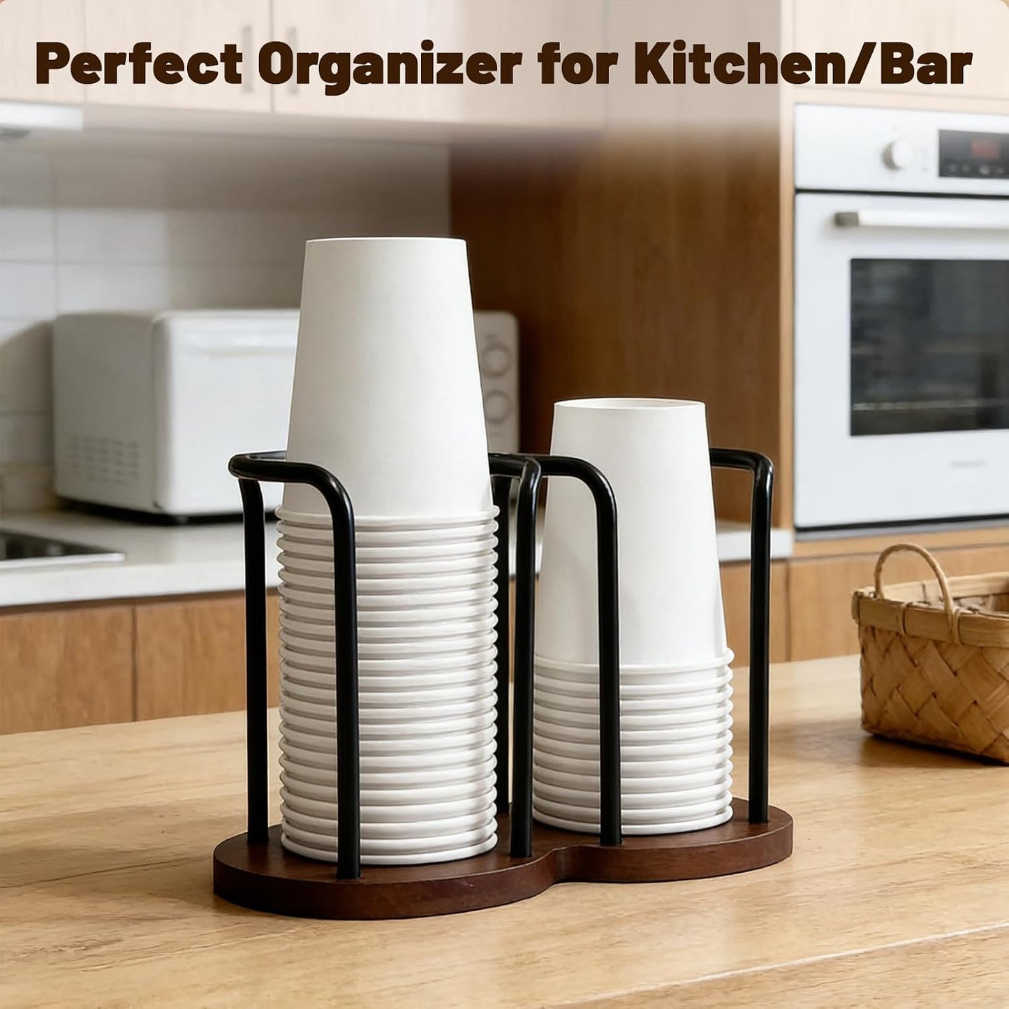 Wood Bathroom Cup Holder, Disposable Cup Dispenser, Plastic Mouthwash Cup Storage Organizer for Cups -Perfect for Office, Kitchen, Gym, School or Cafes (Black)
