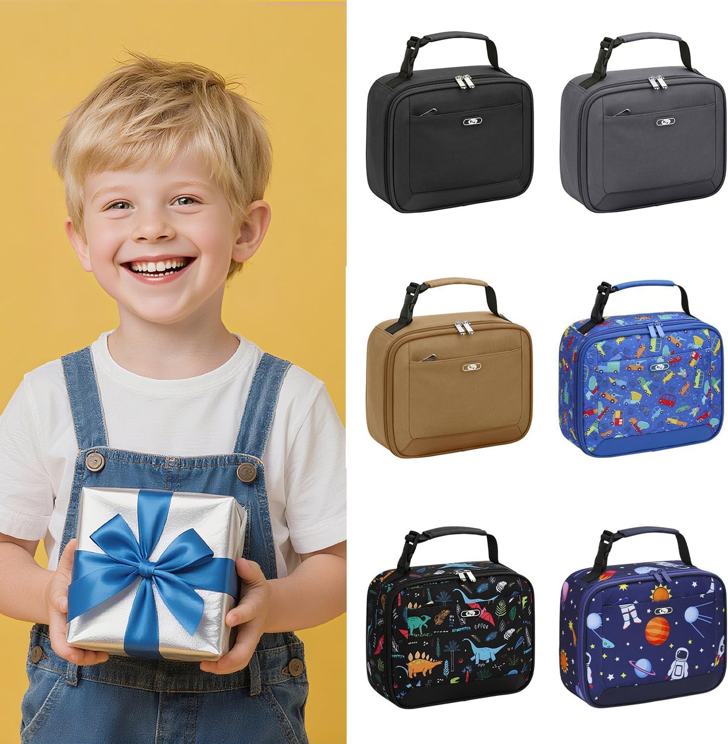 Lunch Box Kids Insulated Lunch Bag for Boys Girls Cute Reusable Lunch Tote Bag Waterproof Portable Thermal Lunch Box Kids for School Picnic Travel Black