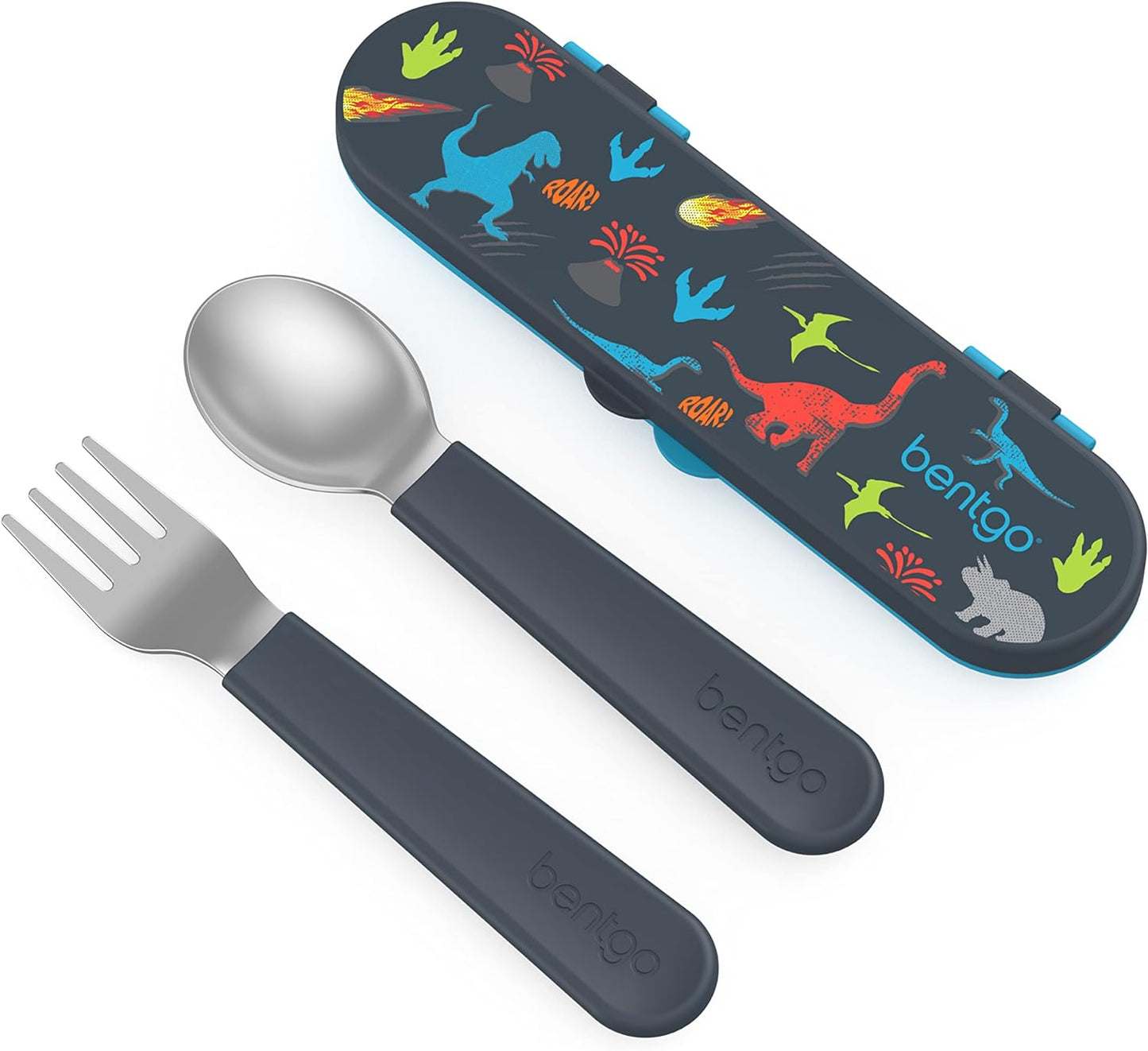 Bentgo Kids Stainless Steel Utensil Set - Reusable Fork, Spoon & Storage Case, PFAS- & BPA-Free, Easy-Grip Handles, Lightweight, Dishwasher Safe, School Lunch, Travel & Outdoors (Dinosaur)