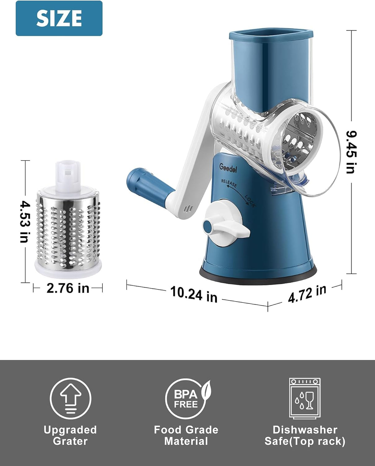 Geedel Rotary Cheese Grater Hand Crank, Cheese Shredder Vegetable Slicer