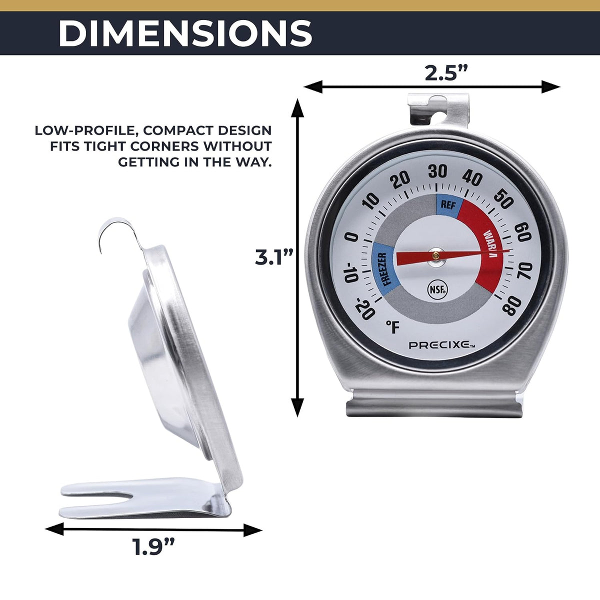 2.5 Inch Stainless Steel Fridge and Freezer Thermometer 2-Pack | NSF Certified | Hanging or Standing for Food Safety
