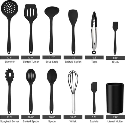 LIANYU 12-Piece Silicone Kitchen Cooking Utensils Set with Holder, Kitchen Tools Include Slotted Spatula Spoon Turner Ladle Tong Whisk, Dishwasher Safe, Dark Blue