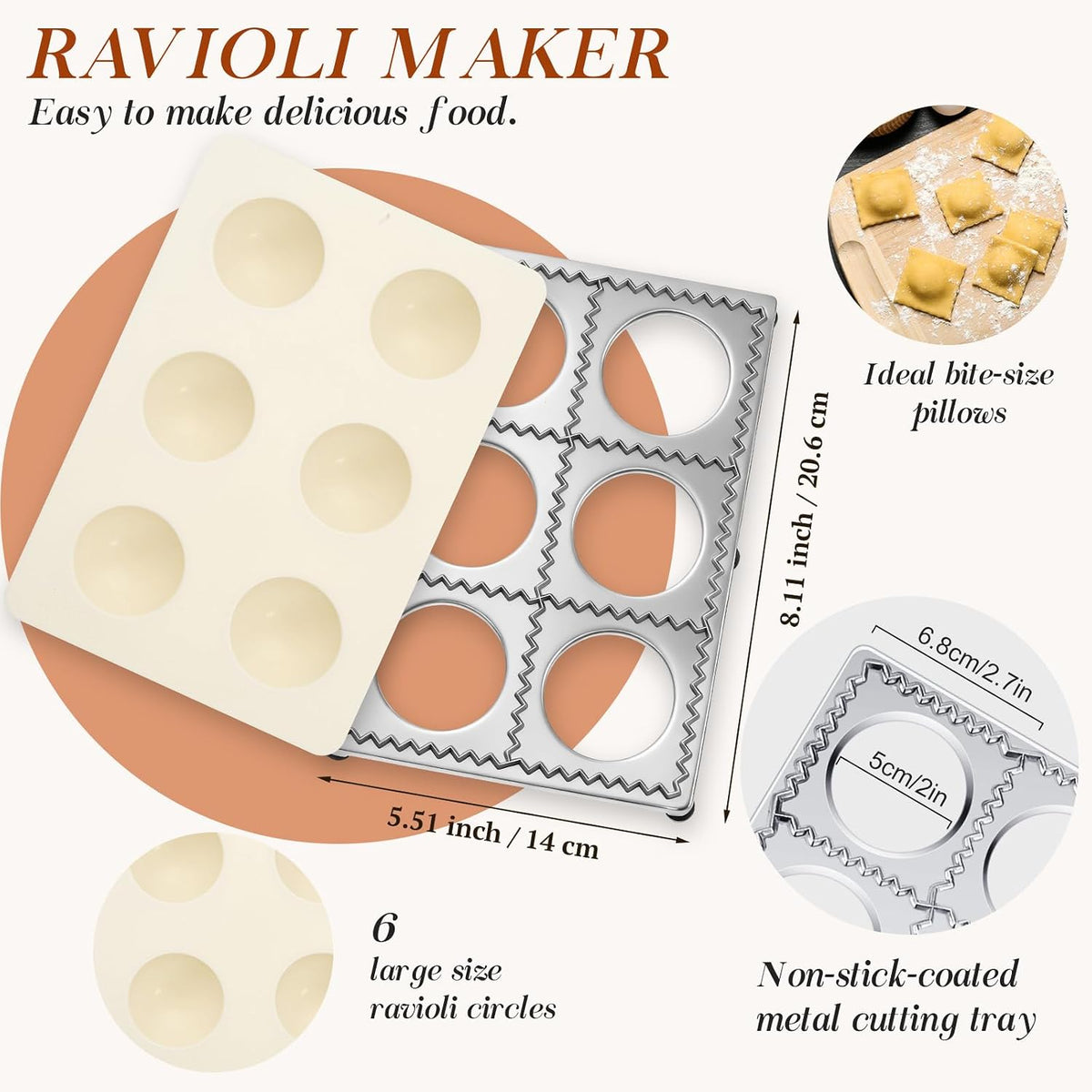 Geetery 5 Pcs Ravioli Mold Set 2 Inch Square Ravioli Maker Cutter Kit with 12-Hole Raviolis Press 3 Pasta Cutter Stamps Wooden Rolling Pin Pasta Making Tool for Homemade Raviolis Home Restaurant Use