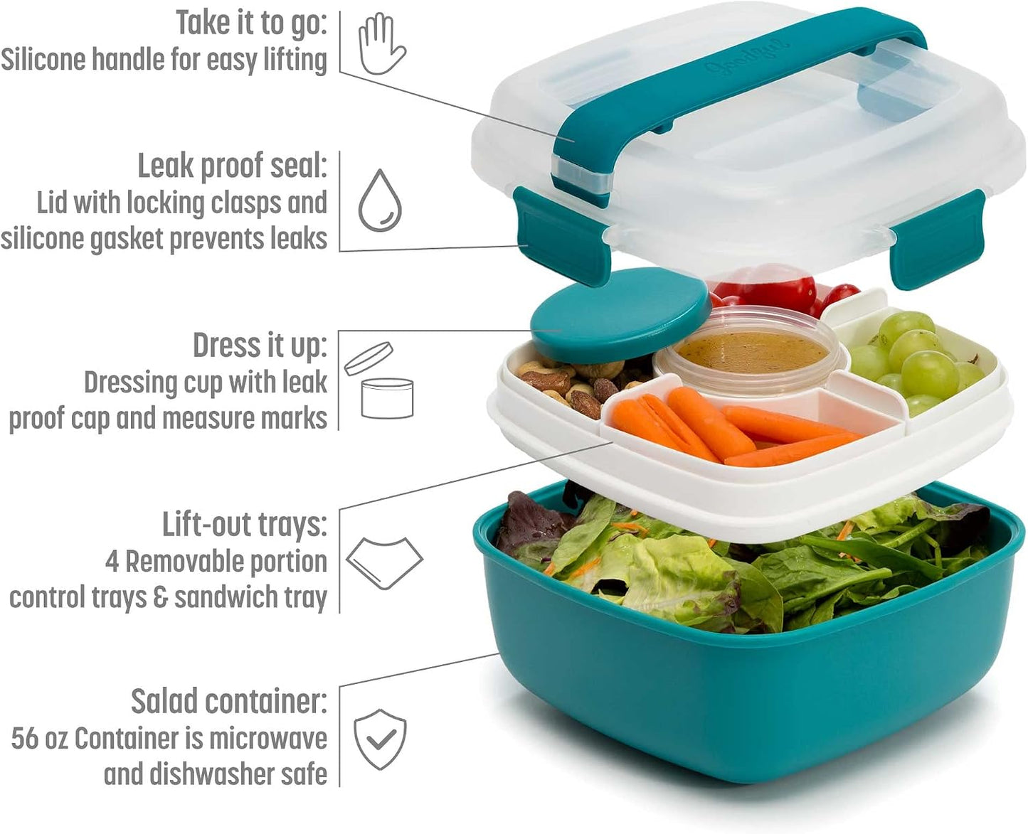 Goodful Stackable Lunch Box Container, Bento Style Food Storage with Removeable Compartments for Sandwich, Snacks, Toppings & Dressing, Leak-Proof and Made without BPA, 56-Ounce, Blue