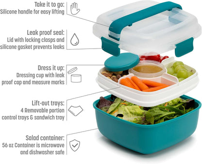Goodful Stackable Lunch Box Container, Bento Style Food Storage with Removeable Compartments for Sandwich, Snacks, Toppings & Dressing, Leak-Proof and Made without BPA, 56-Ounce, Blue