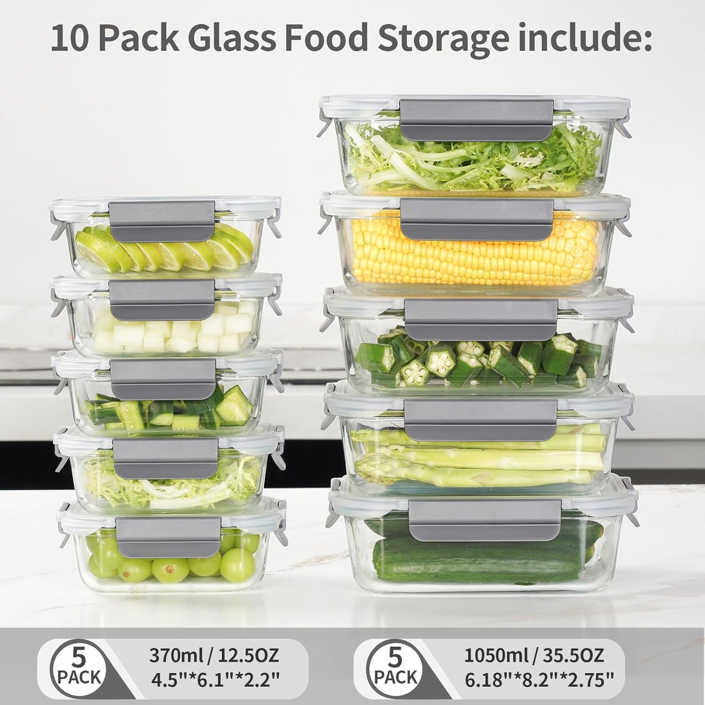 Glass Food Storage Containers with Lids, [18 Piece] Glass Meal Prep Containers, Containers for Food Storage with Lids, BPA Free & Leak Proof (9 Lid & 9 Container)