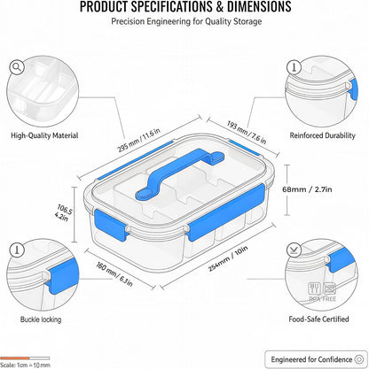 Li & Zhao Snackle Box Container - 4-Compartment Divided Snack Serving Tray with Silicone Handle, Perfect for Picnics, Leak-Proof, and Dishwasher-Safe Dressing Containers(Blue)