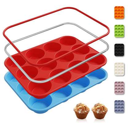2 Pack 12 Cups Silicone Muffin Pan with Metal Reinforced Frame Regular Size Silicone Molds Cupcake Cake Baking Pans Cookie Baking Chocoflan Cupcake Mold Nonstick Muffin Tin Home Baking Supplies