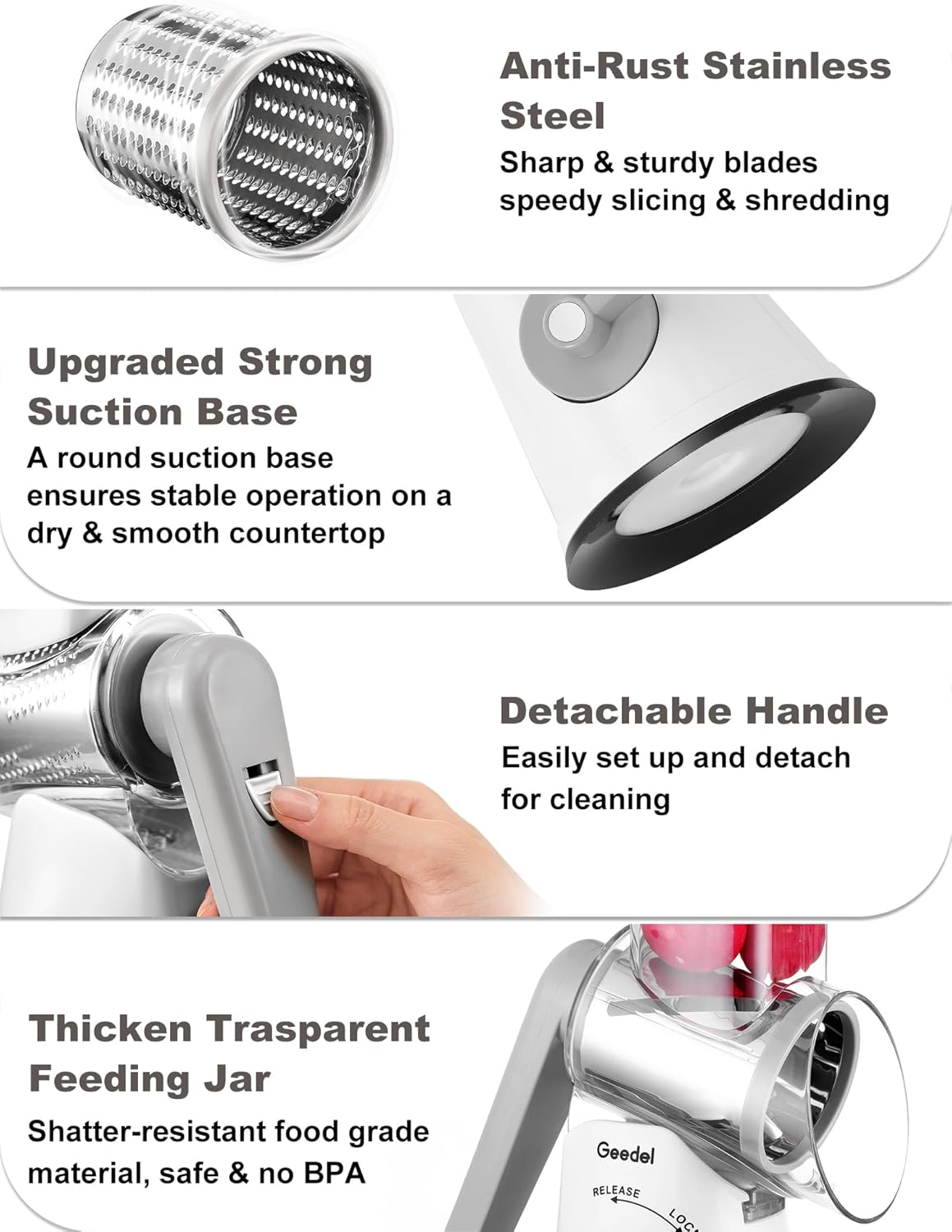 Geedel Rotary Cheese Grater, Kitchen Mandoline Vegetable Slicer with 3 Interchangeable Blades, Easy to Clean Rotary Grater Slicer for Cheese, Vegetables, Nuts