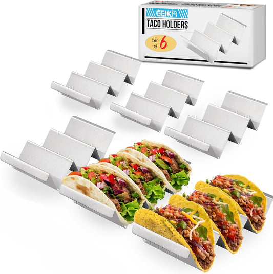 Stainless Steel Taco Holders Set of 6 - Each Metal Taco Stands for 3 Tacos - Taco Rack with Handles - Stylish Taco Shell Holders - Oven & Dishwasher & Grill Safe Taco Trays