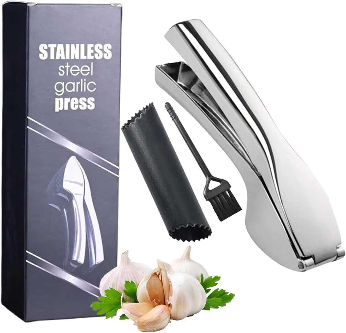 Heavy Duty Garlic Press, Zinc Alloy Garlic Crusher & Mincer, Stainless Steel Dishwasher Safe Easy Squeeze Garlic Twister Mincer with Peeler & Cleaning Brush, Kitchen Gadgets for Garlic, Ginger, Spices