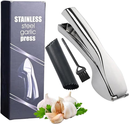 Heavy Duty Garlic Press, Zinc Alloy Garlic Crusher & Mincer, Stainless Steel Dishwasher Safe Easy Squeeze Garlic Twister Mincer with Peeler & Cleaning Brush, Kitchen Gadgets for Garlic, Ginger, Spices