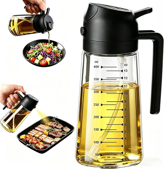 AT-VALY 2-in-1 Oil Sprayer for Cooking, 16oz Glass Oil Dispenser, Black