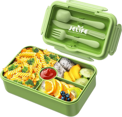 Jelife Bento Lunch Box for Kids - Leakproof Large Bento-Style with 4 Compartments Portions Lunchbox with Tableware Back to School, Reusable On-the-Go Meal and Snack Packing, Blue