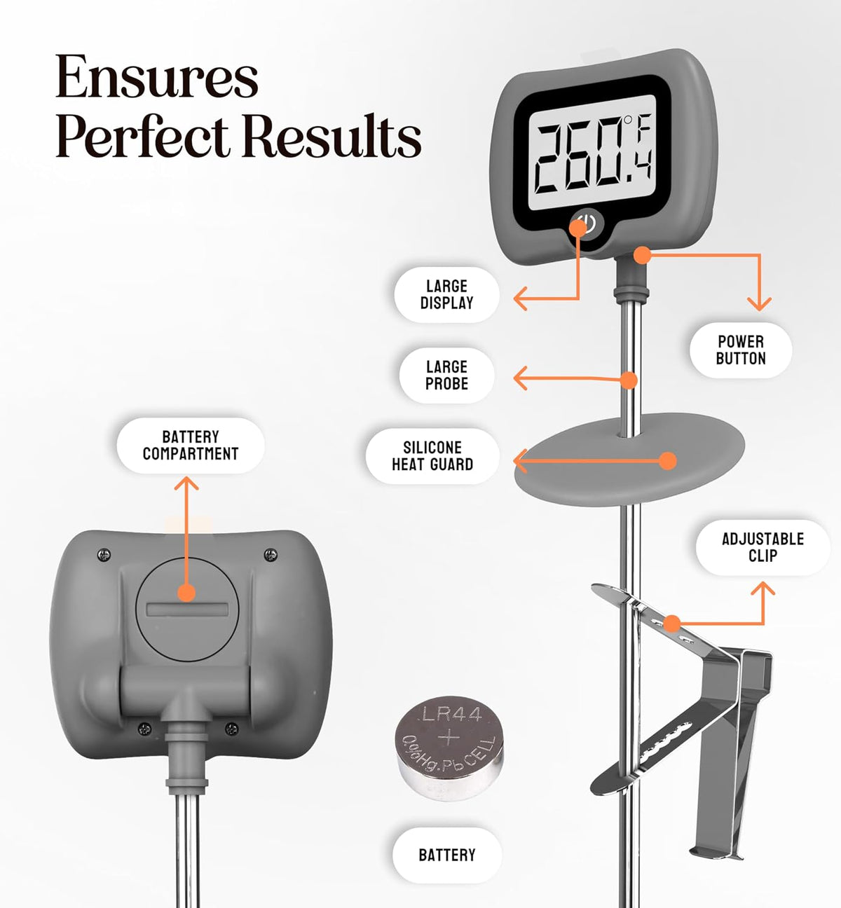 Digital Candy Thermometer with Pot Clip, 10" Long Stainless Steel Probe, Instant Read Kitchen Thermometer for Cooking, Baking, and Candy Making