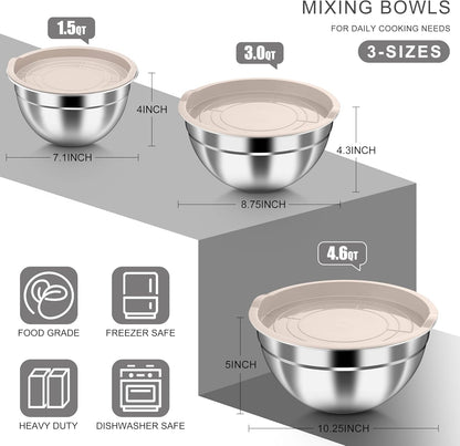HaWare Mixing Bowls with Airtight Clear Lids, 6-Piece Stainless Steel Strong Nesting Bowls Set, Metal Salad Bowl for Cooking, Prepping, Baking, Serving & Food Storage, Size 4.6, 3, 1.5QT, Khaki