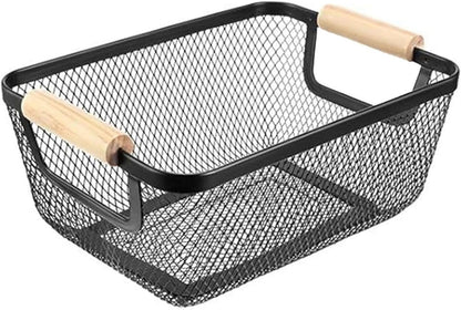 AJIODA Metal Mesh Steel Basket, Large Wire Storage Organizer Basket Multi-function Hanging Kitchen Baskets with Wood Handle for Kitchen Bathroom Picnic Home, Rectangle-Off White