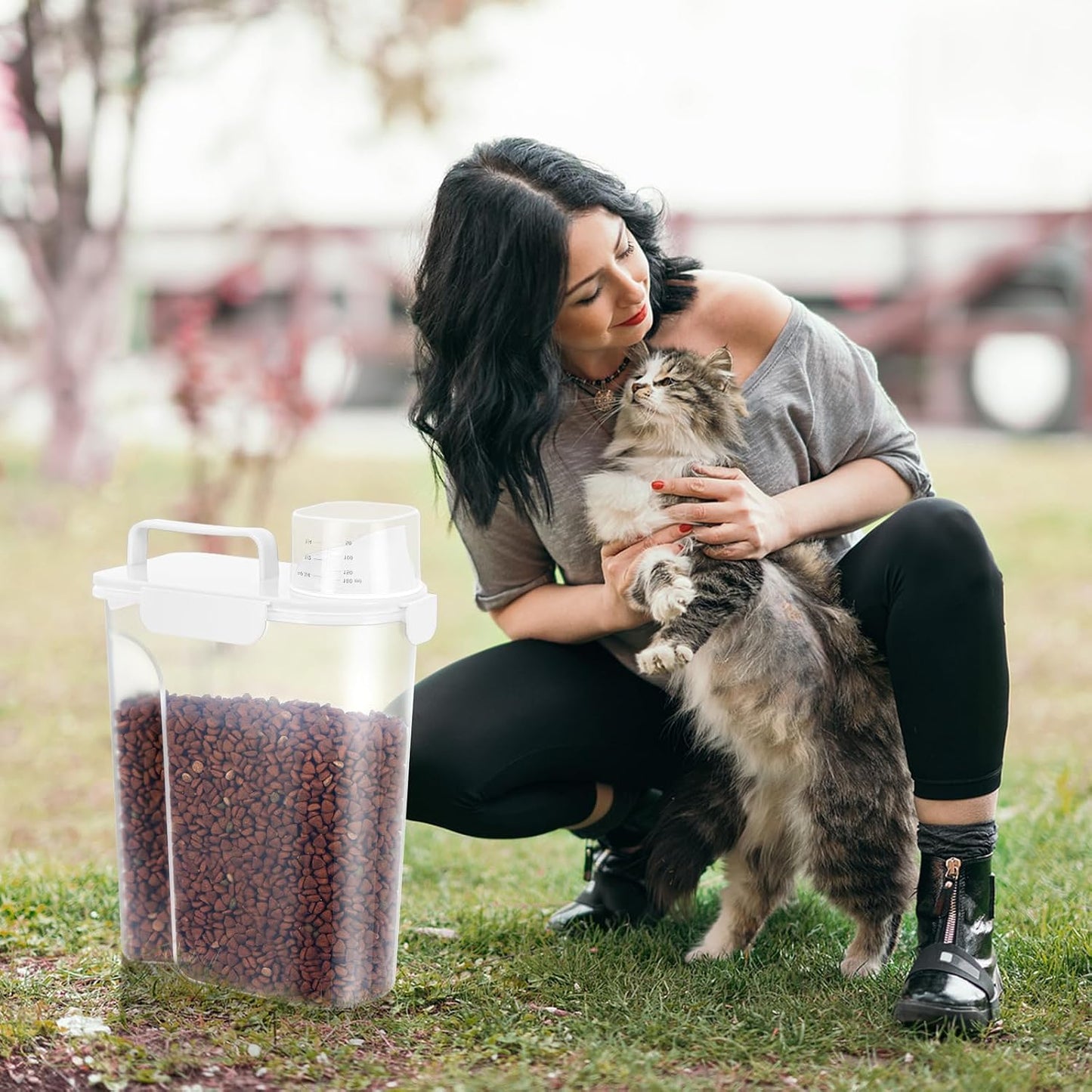 LEAWALK 5-7Lbs Cat Dog Storage Container, Portable Pet Food Containers with Upgraded Large Spout and Cup, Small Animal Kibble Dispenser for Bird Seed, Oatmeal, Rice, Flour, Brown Sugart-Dark Green