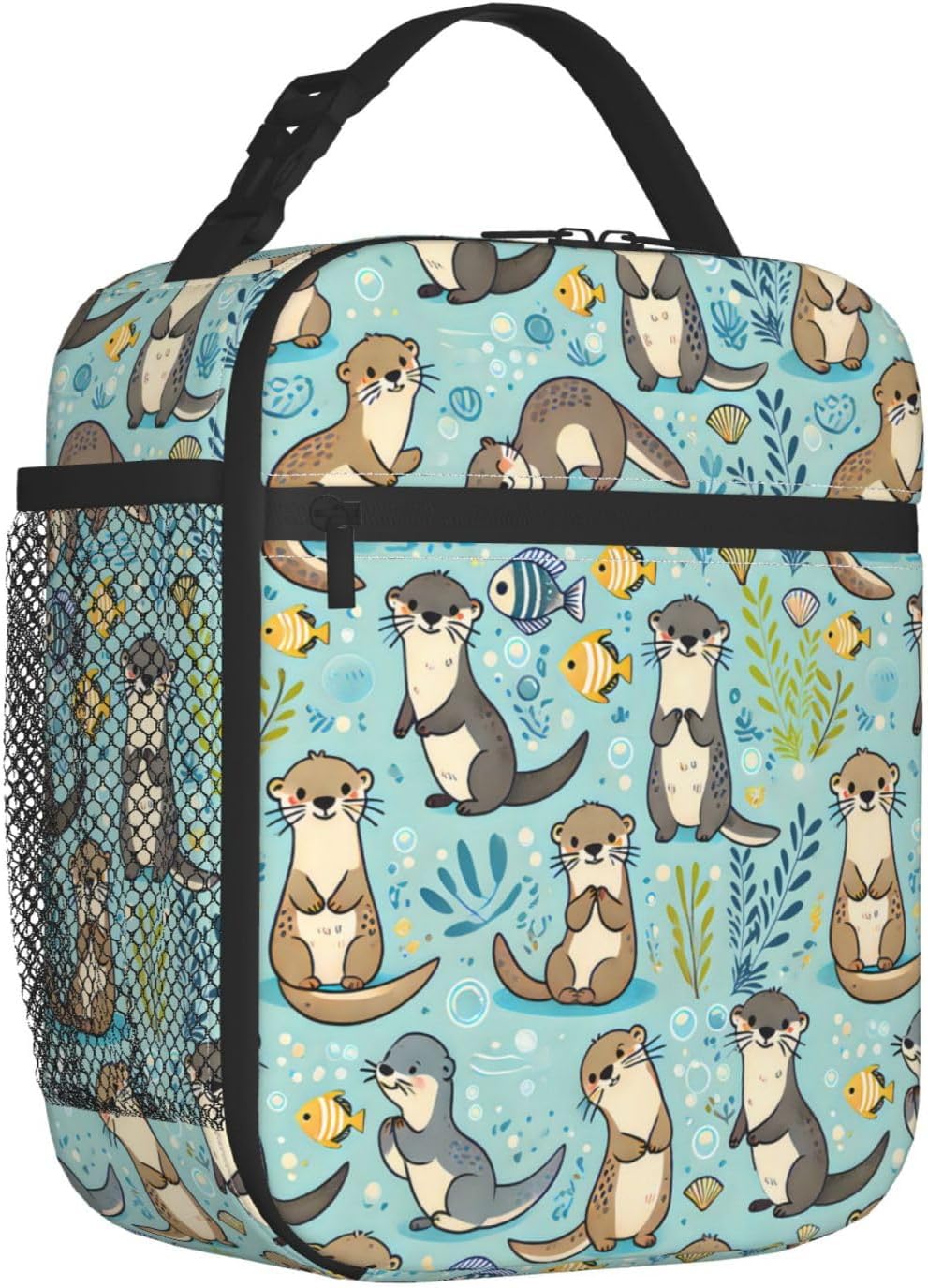 Reusable Sea Otter and Water Lily Lunch Box for Kids Girls Boys Women Adult, Insulated Cute Lunch Bag,Polyester Cooler Handbags Case for School Picnic Work Travel Outdoor Beach or Hiking