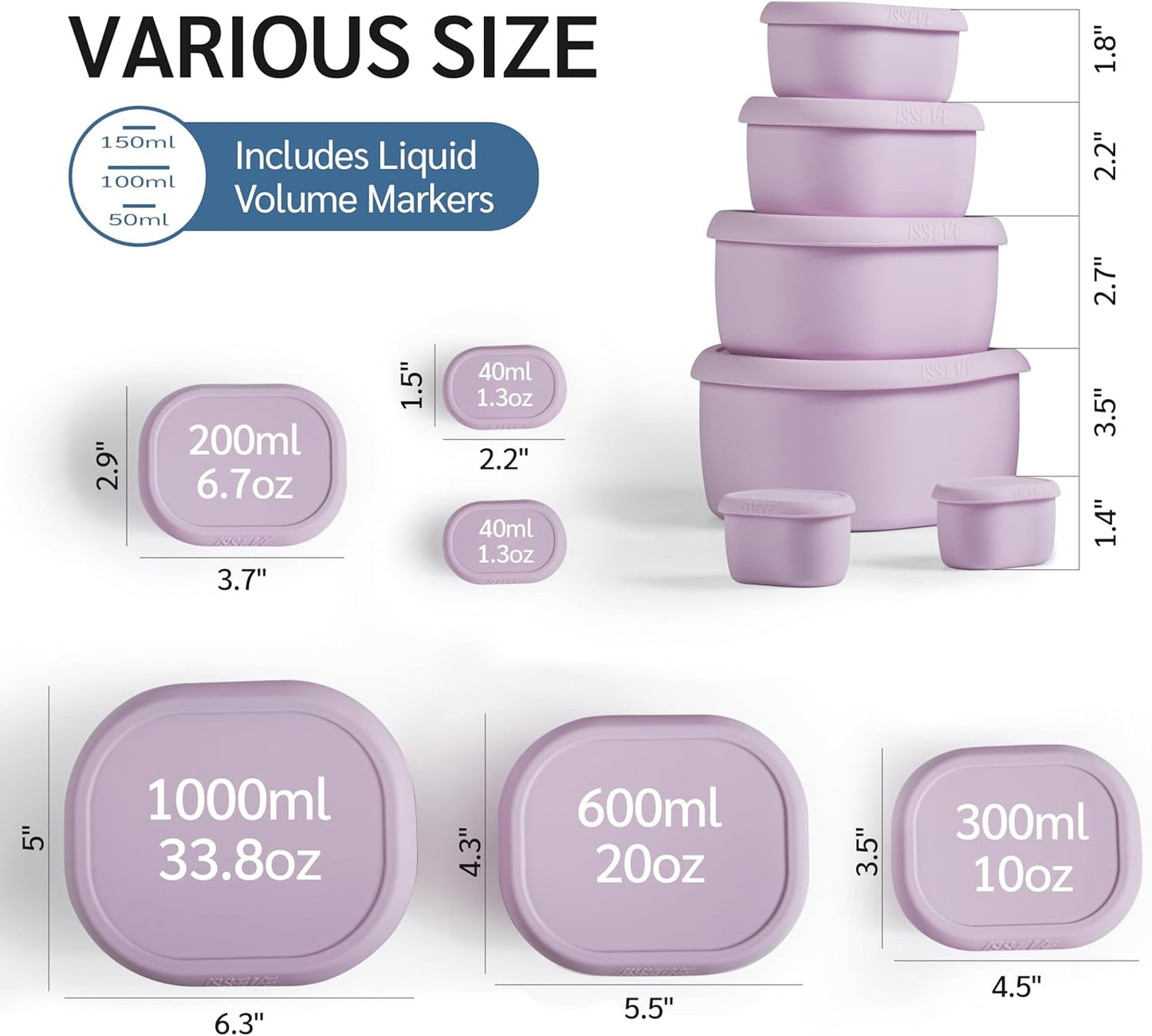 ISSEVE 6Pcs/Set Nesting Silicone Food Storage Containers with Lids, BPA Free Reusable Meal Prep Silicone Containers Lunch Box Bento Box Set (33.8oz, 20oz, 10oz, 6.7oz, 1.3oz) (Purple)