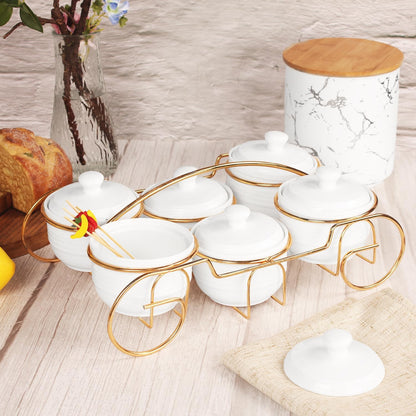 Candy bowl Ceramic Condiment Bowl with lid Metal Tray, 4 Removable small bowls with glass lid relish plate for Snack, Nuts,candies and condiments - for birthday, parties, Holiday gift