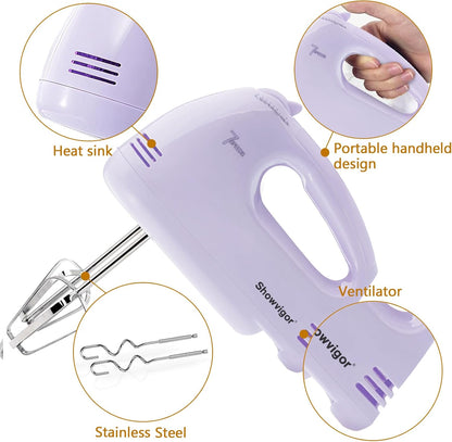 Showvigor Electric Hand Mixer with Stainless Steel Mixing Bowl Set –7 Speeds Turbo-Boost Hand Mixer with Large Mixing Bowls, Measuring Cups, Spoons & Spatula for Kitchen Cakes Eggs Baking(Pink)