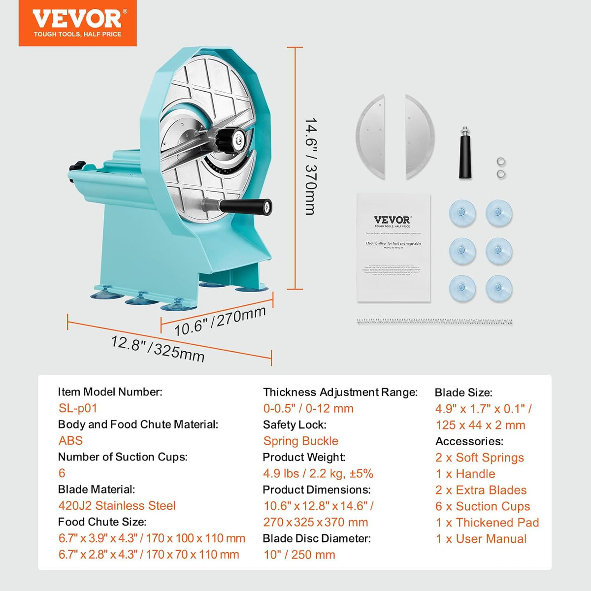 VEVOR Manual Vegetable Fruit Slicer, 0-0.5"/0-12mm Thickness Adjustable Commercial Slicer Machine, Stainless Steel Food Cutter Slicing Machine with 2 Spare Blades, for Potato, Cucumber, Lemon, Tomato