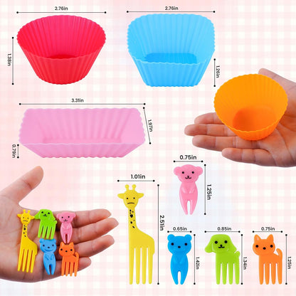 60 Pcs Silicone Lunch Box Dividers - Bento Box Accessories, Silicone Cupcake Liners Reusable Muffin Cups for Baking with Animal Food Picks (30 Cupcake Cups + 30 Picks)