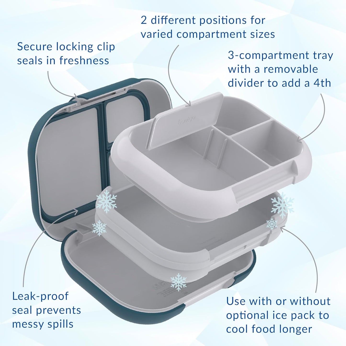 Bentgo Chill Max Leak-Proof XL Lunch Box - Included Ice Pack Keeps Food Cold; 5-Cup Capacity for Adults & Ages 8+, 3 or 4 Compartment Bento Box, BPA-Free, Dishwasher Safe (Bone & Glacier Blue)